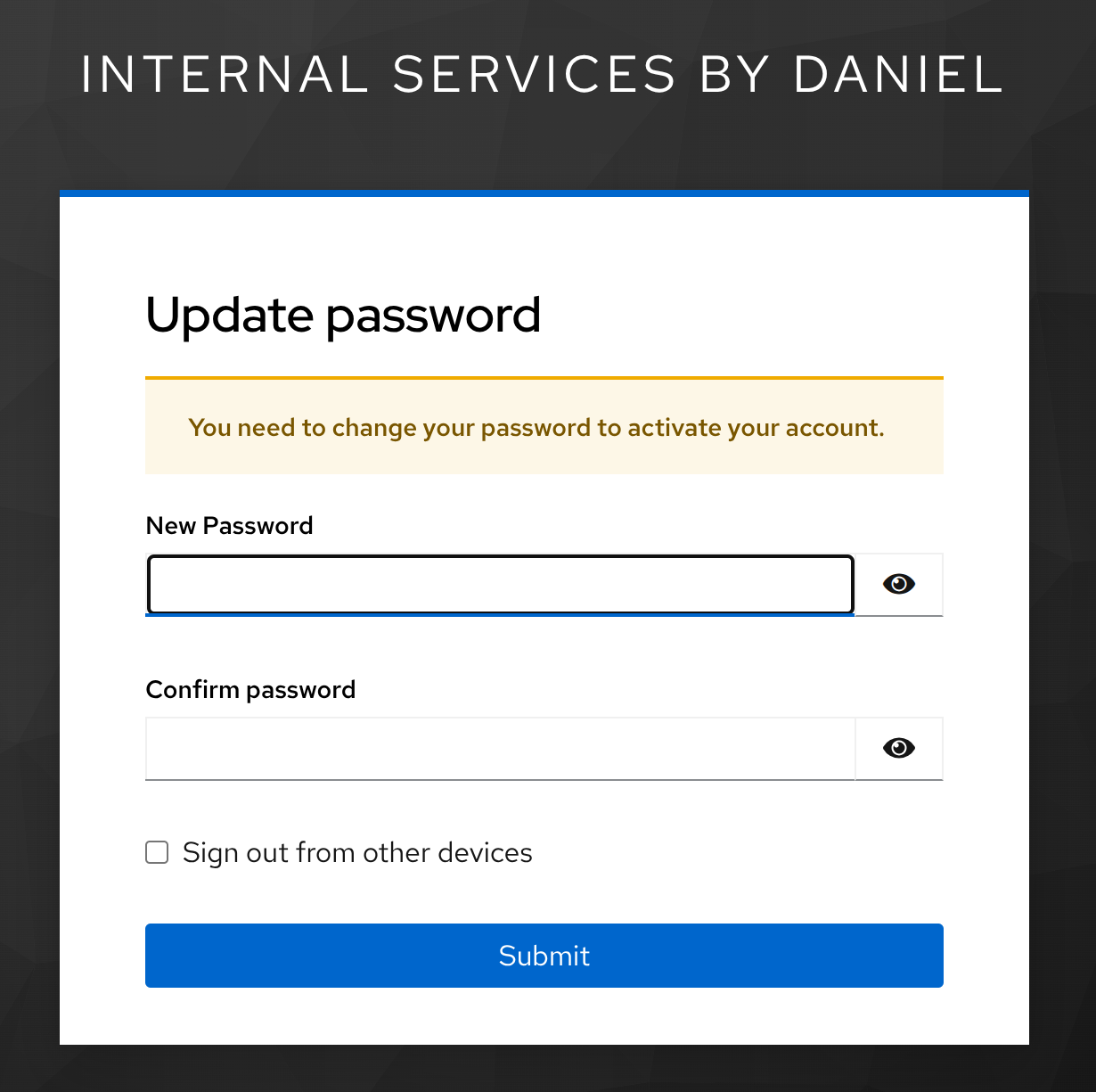 Set initial password screen